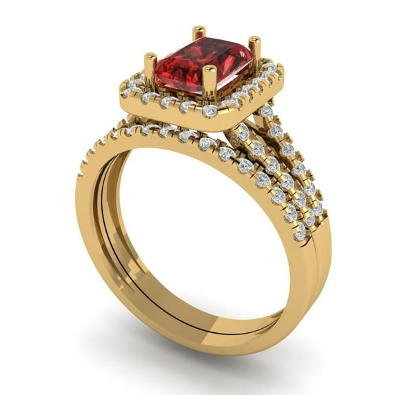 1.57 ct Brilliant Emerald Cut Natural Garnet 14k Yellow Gold Halo Solitaire with Accents Engagement Bridal Wedding Ring Band Set size 6.75