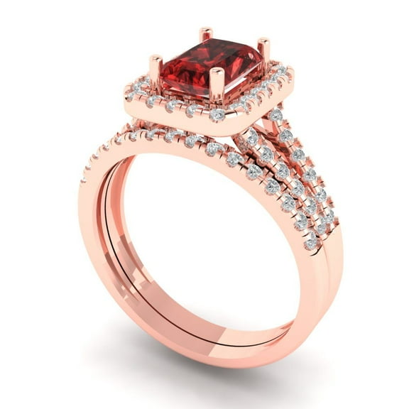 1.57 ct Brilliant Emerald Cut Natural Garnet 18K Rose Gold Halo Solitaire with Accents Engagement Bridal Wedding Ring Band Set size 3.5