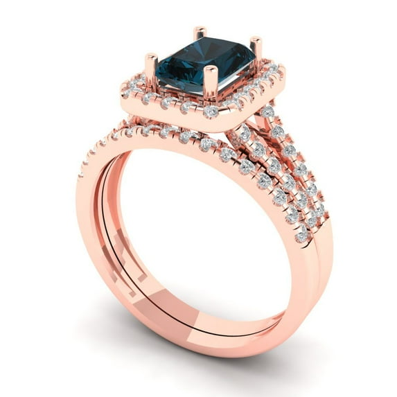 1.57 ct Brilliant Emerald Cut Natural London Blue Topaz 14k Rose Gold Halo Solitaire with Accents Engagement Bridal Wedding Ring Band Set size 4.75