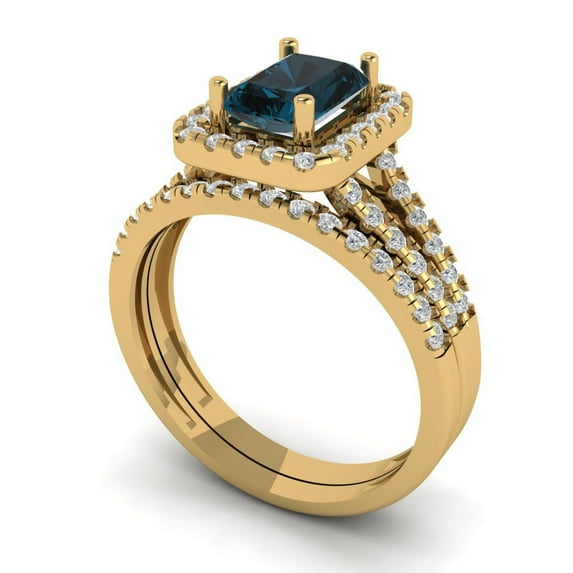 1.57 ct Brilliant Emerald Cut Natural London Blue Topaz 18K Yellow Gold Halo Solitaire with Accents Engagement Bridal Wedding Ring Band Set size 4.5