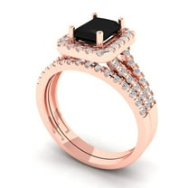 1.57 ct Brilliant Emerald Cut Natural Onyx 18K Rose Gold Halo Solitaire with Accents Engagement Bridal Wedding Ring Band Set size 3.5