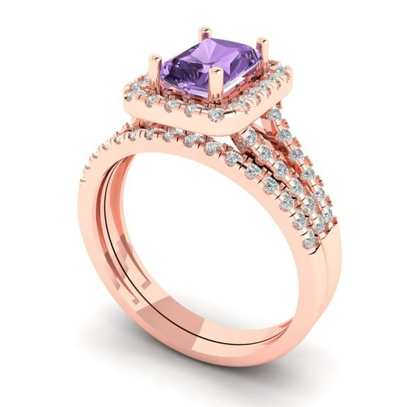 1.57 ct Brilliant Emerald Cut Alexandrite 14k Rose Gold Halo Solitaire with Accents Engagement Bridal Wedding Ring Band Set size 9