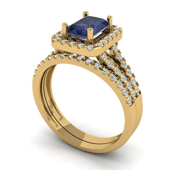 1.57 ct Brilliant Emerald Cut Blue Sapphire 14k Yellow Gold Halo Solitaire with Accents Engagement Bridal Wedding Ring Band Set size 10.5