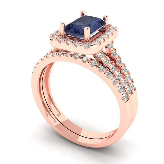 1.57 ct Brilliant Emerald Cut Blue Sapphire 18K Rose Gold Halo Solitaire with Accents Engagement Bridal Wedding Ring Band Set size 5.25