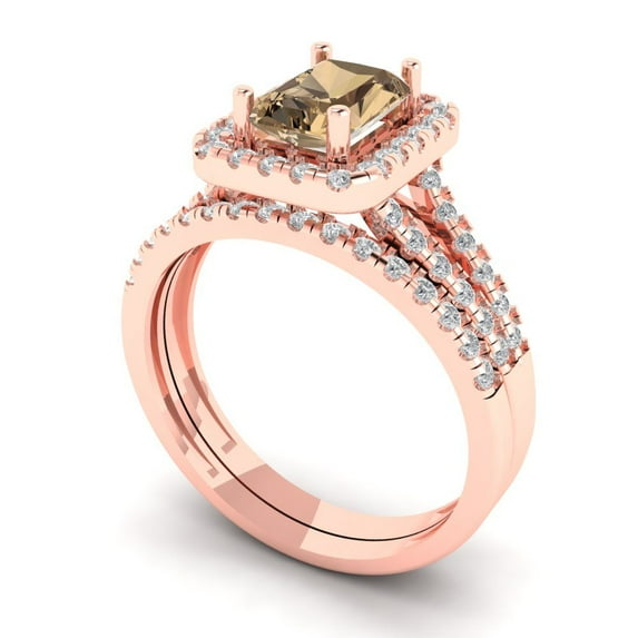 1.57 ct Brilliant Emerald Cut Champagne 18K Rose Gold Halo Solitaire with Accents Engagement Bridal Wedding Ring Band Set size 6.75
