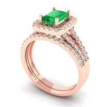 1.57 ct Brilliant Emerald Cut Emerald 14k Rose Gold Halo Solitaire with Accents Engagement Bridal Wedding Ring Band Set size 6.25