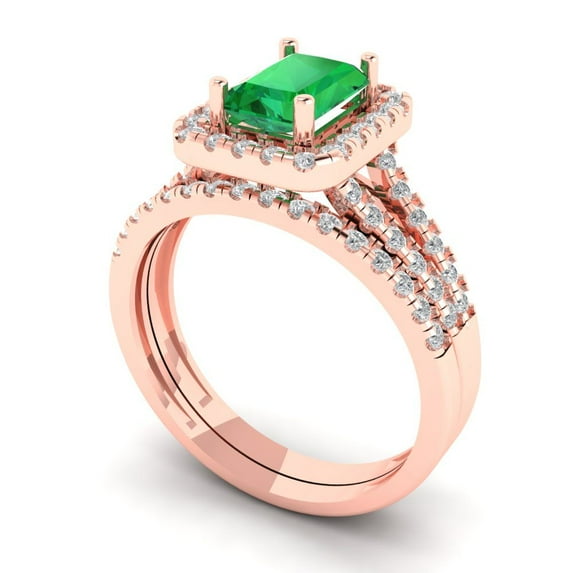 1.57 ct Brilliant Emerald Cut Emerald 14k Rose Gold Halo Solitaire with Accents Engagement Bridal Wedding Ring Band Set size 7
