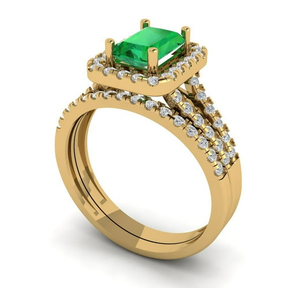 1.57 ct Brilliant Emerald Cut Emerald 14k Yellow Gold Halo Solitaire with Accents Engagement Bridal Wedding Ring Band Set size 9.25