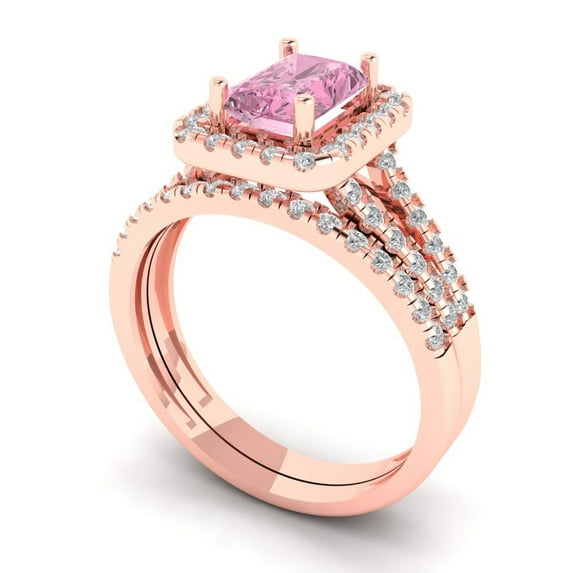1.57 ct Brilliant Emerald Cut Pink Zircon 14k Rose Gold Halo Solitaire with Accents Engagement Bridal Wedding Ring Band Set size 10.75