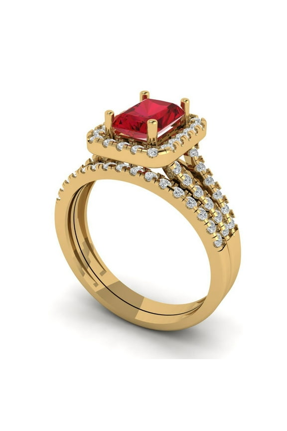 1.57 ct Brilliant Emerald Cut Ruby 14k Yellow Gold Halo Solitaire with Accents Engagement Bridal Wedding Ring Band Set size 5
