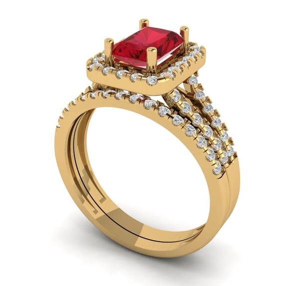 1.57 ct Brilliant Emerald Cut Ruby 14k Yellow Gold Halo Solitaire with Accents Engagement Bridal Wedding Ring Band Set size 7.75
