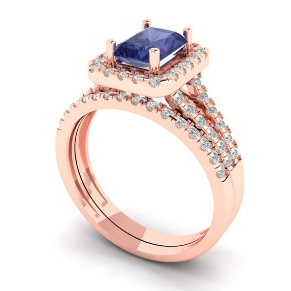 1.57 ct Brilliant Emerald Cut Tanzanite 18K Rose Gold Halo Solitaire with Accents Engagement Bridal Wedding Ring Band Set size 4.5