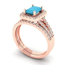 1.57 ct Brilliant Emerald Cut Turquoise 18K Rose Gold Halo Solitaire with Accents Engagement Bridal Wedding Ring Band Set size 3.5