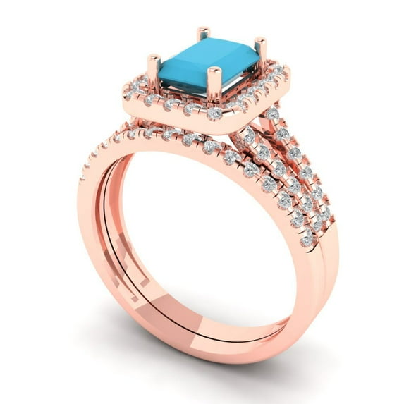 1.57 ct Brilliant Emerald Cut Turquoise 18K Rose Gold Halo Solitaire with Accents Engagement Bridal Wedding Ring Band Set size 9