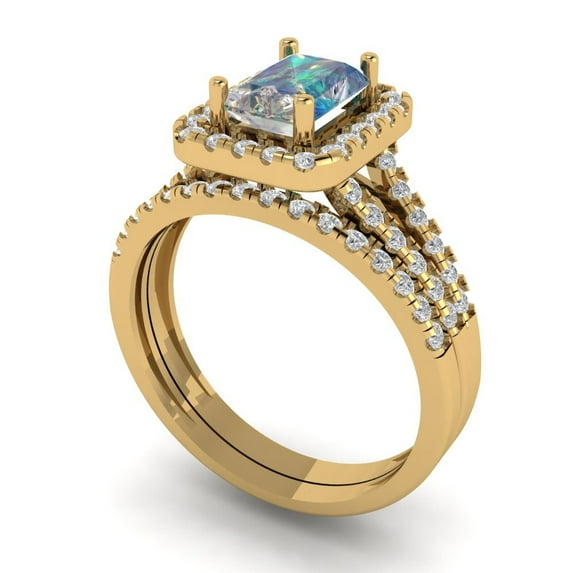1.57 ct Brilliant Emerald Cut Blue Moissanite 14k Yellow Gold Halo Solitaire with Accents Engagement Bridal Wedding Ring Band Set size 5.5