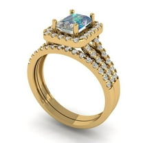 1.57 ct Brilliant Emerald Cut Blue Moissanite 18K Yellow Gold Halo Solitaire with Accents Engagement Bridal Wedding Ring Band Set size 3.5