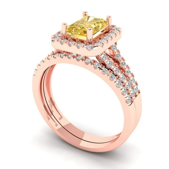 1.57 ct Brilliant Emerald Cut Yellow Moissanite 18K Rose Gold Halo Solitaire with Accents Engagement Bridal Wedding Ring Band Set size 8.75