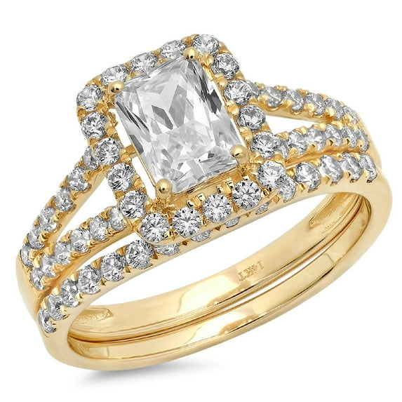 1.57 ct Emerald Cut Genuine Cultured Diamond SI1-SI2 I-J 14K Yellow Gold Halo Engagement Wedding Bridal Set Designer Ring bW/ Set size 6