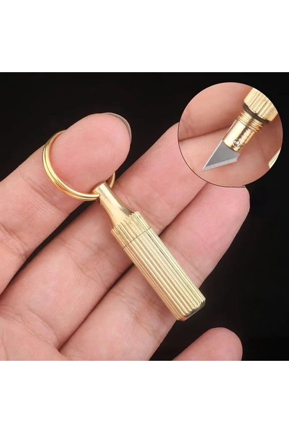 1.57IN Mini Brass Keychain Utility Knife, Portable Tiny Pocket Box Cutter with Detachable Key Ring, Screw Hidden Small Exacto Knife for Package Envelope Paper Cutting,1PC