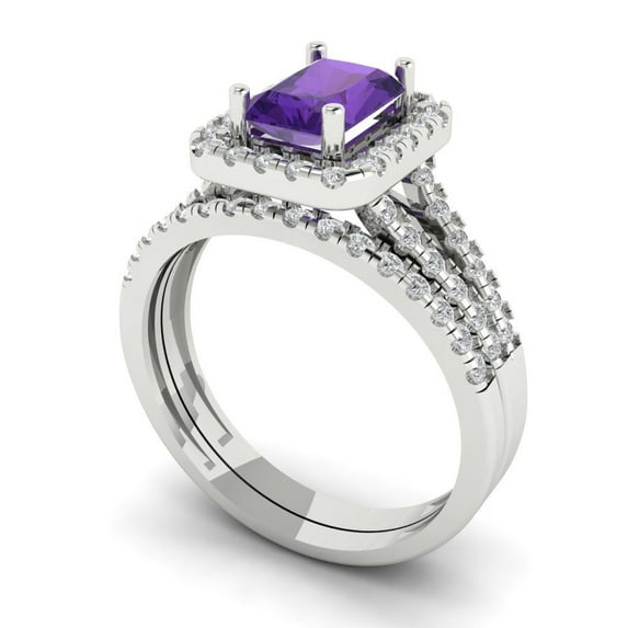 1.57ct Brilliant Emerald Cut Natural Amethyst 14k White Gold Halo Solitaire with Accents Engagement Bridal Wedding Ring Band Set size 7.25