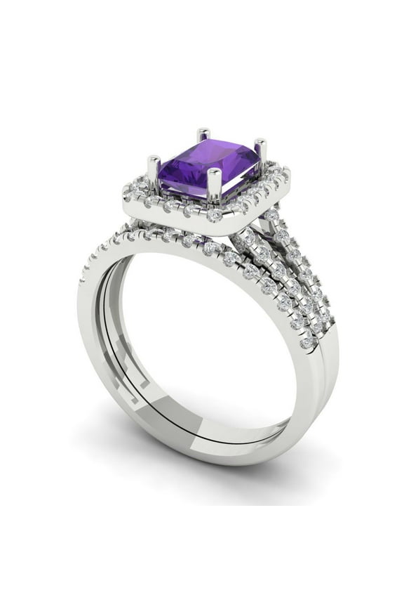 1.57ct Brilliant Emerald Cut Natural Amethyst 18K White Gold Halo Solitaire with Accents Engagement Bridal Wedding Ring Band Set size 3.5