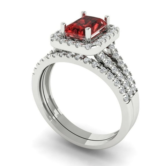 1.57ct Brilliant Emerald Cut Natural Garnet 18K White Gold Halo Solitaire with Accents Engagement Bridal Wedding Ring Band Set size 7.75