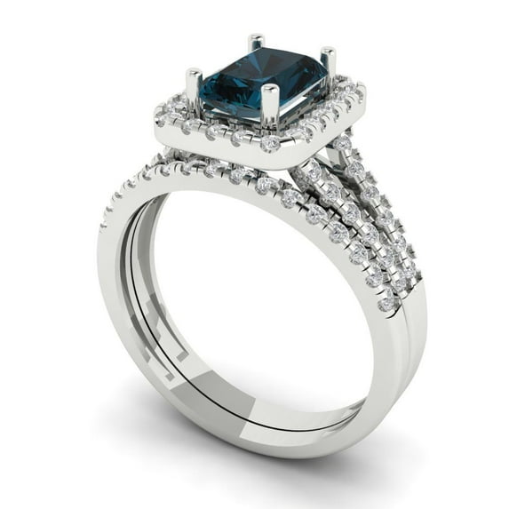 1.57ct Brilliant Emerald Cut Natural London Blue Topaz 14k White Gold Halo Solitaire with Accents Engagement Bridal Wedding Ring Band Set size 5.5
