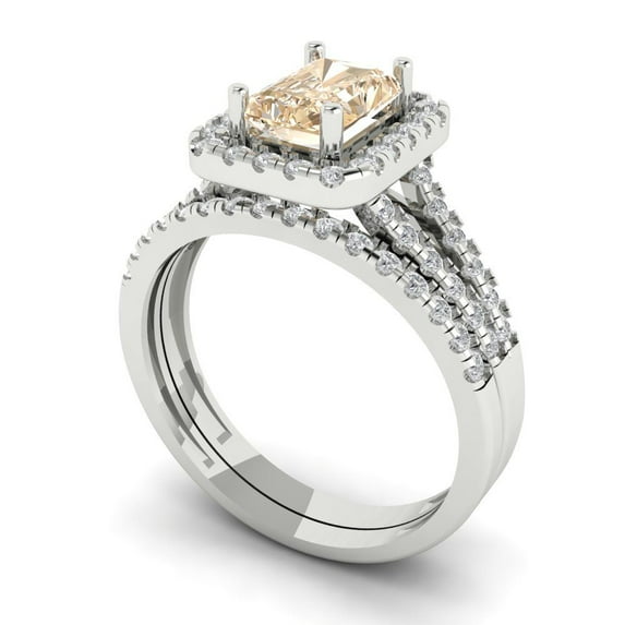 1.57ct Brilliant Emerald Cut Natural Morganite 14k White Gold Halo Solitaire with Accents Engagement Bridal Wedding Ring Band Set size 7.5