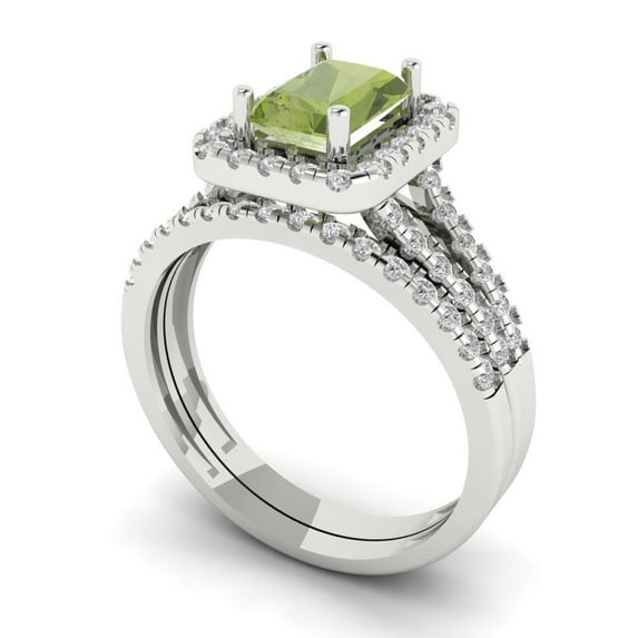 1.57ct Brilliant Emerald Cut Natural Peridot 14k White Gold Halo Solitaire with Accents Engagement Bridal Wedding Ring Band Set size 10.5