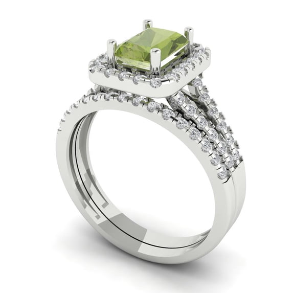 1.57ct Brilliant Emerald Cut Natural Peridot 18K White Gold Halo Solitaire with Accents Engagement Bridal Wedding Ring Band Set size 4