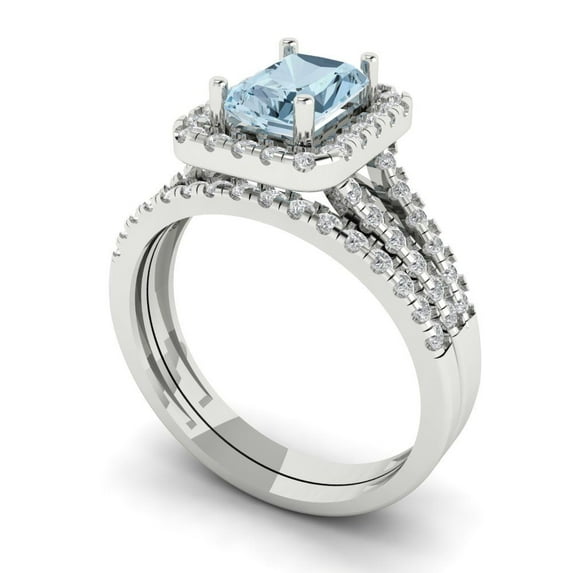 1.57ct Brilliant Emerald Cut Natural Swiss Blue Topaz 14k White Gold Halo Solitaire with Accents Engagement Bridal Wedding Ring Band Set size 10.25