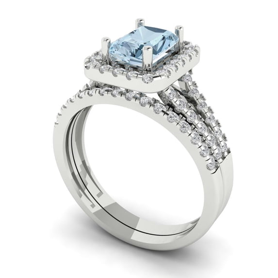 1.57ct Brilliant Emerald Cut Blue Zircon 18K White Gold Halo Solitaire with Accents Engagement Bridal Wedding Ring Band Set size 10