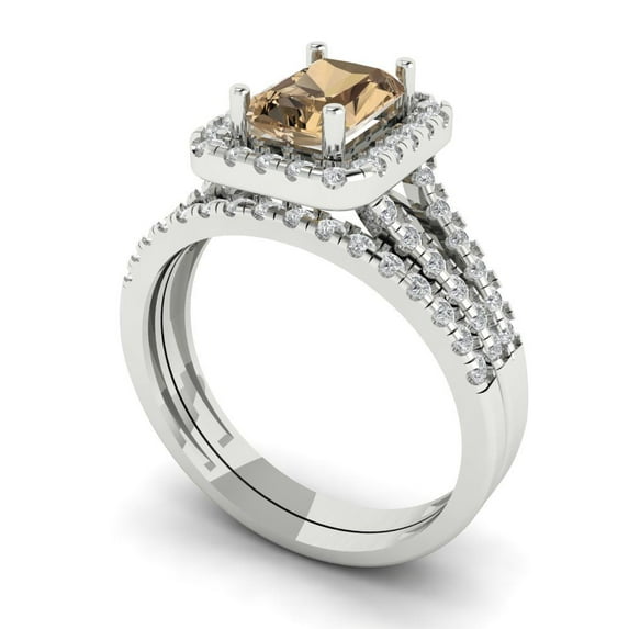 1.57ct Brilliant Emerald Cut Champagne 14k White Gold Halo Solitaire with Accents Engagement Bridal Wedding Ring Band Set size 5.5