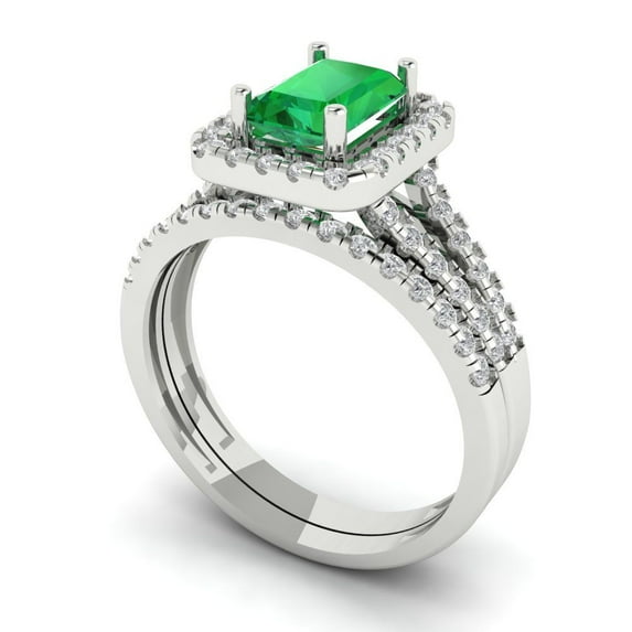 1.57ct Brilliant Emerald Cut Emerald 18K White Gold Halo Solitaire with Accents Engagement Bridal Wedding Ring Band Set size 7