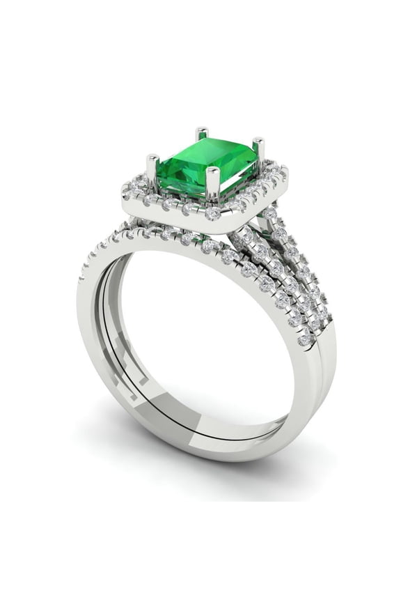 1.57ct Brilliant Emerald Cut Emerald 18K White Gold Halo Solitaire with Accents Engagement Bridal Wedding Ring Band Set size 8