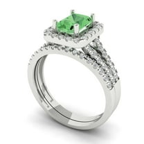 1.57ct Brilliant Emerald Cut Green Zircon 18K White Gold Halo Solitaire with Accents Engagement Bridal Wedding Ring Band Set size 3.5