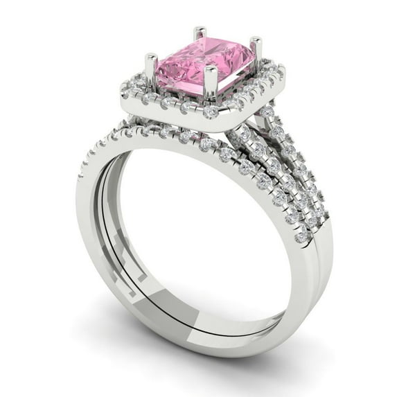 1.57ct Brilliant Emerald Cut Pink Zircon 14k White Gold Halo Solitaire with Accents Engagement Bridal Wedding Ring Band Set size 10.25