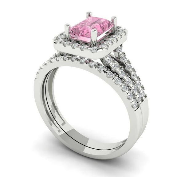 1.57ct Brilliant Emerald Cut Pink Zircon 18K White Gold Halo Solitaire with Accents Engagement Bridal Wedding Ring Band Set size 3.5