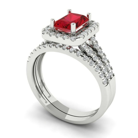 1.57ct Brilliant Emerald Cut Pink Tourmaline 14k White Gold Halo Solitaire with Accents Engagement Bridal Wedding Ring Band Set size 5.25