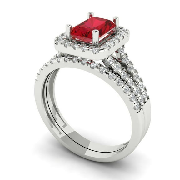 1.57ct Brilliant Emerald Cut Pink Tourmaline 18K White Gold Halo Solitaire with Accents Engagement Bridal Wedding Ring Band Set size 8