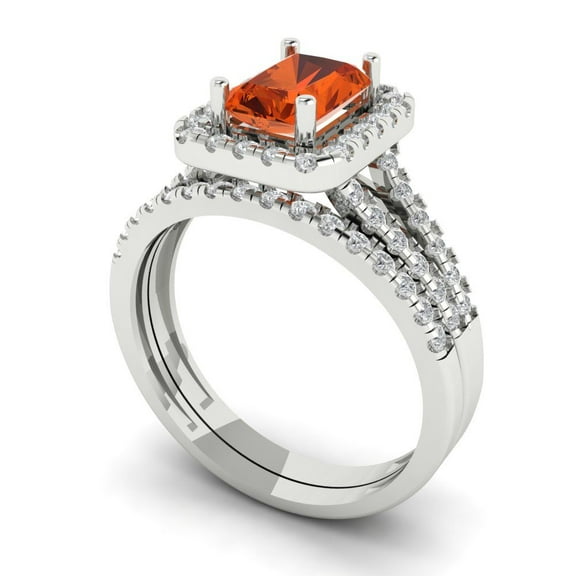 1.57ct Brilliant Emerald Cut Red Zircon 14k White Gold Halo Solitaire with Accents Engagement Bridal Wedding Ring Band Set size 6.25