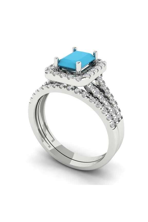 1.57ct Brilliant Emerald Cut Turquoise 14k White Gold Halo Solitaire with Accents Engagement Bridal Wedding Ring Band Set size 6