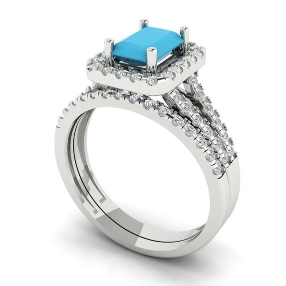 1.57ct Brilliant Emerald Cut Turquoise 14k White Gold Halo Solitaire with Accents Engagement Bridal Wedding Ring Band Set size 8.5
