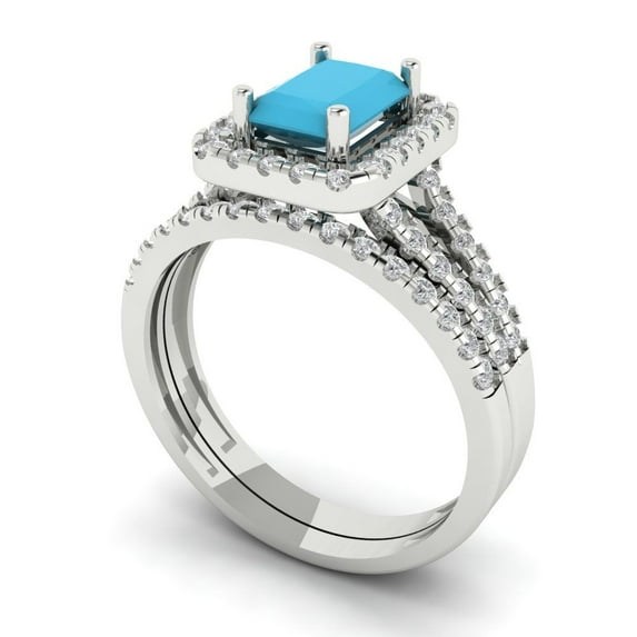 1.57ct Brilliant Emerald Cut Turquoise 18K White Gold Halo Solitaire with Accents Engagement Bridal Wedding Ring Band Set size 10