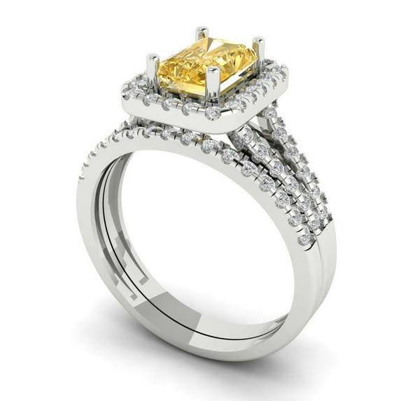 1.57ct Brilliant Emerald Cut Yellow Zircon 18K White Gold Halo Solitaire with Accents Engagement Bridal Wedding Ring Band Set size 8