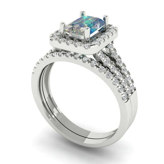 1.57ct Brilliant Emerald Cut Blue Moissanite 14k White Gold Halo Solitaire with Accents Engagement Bridal Wedding Ring Band Set size 9.75
