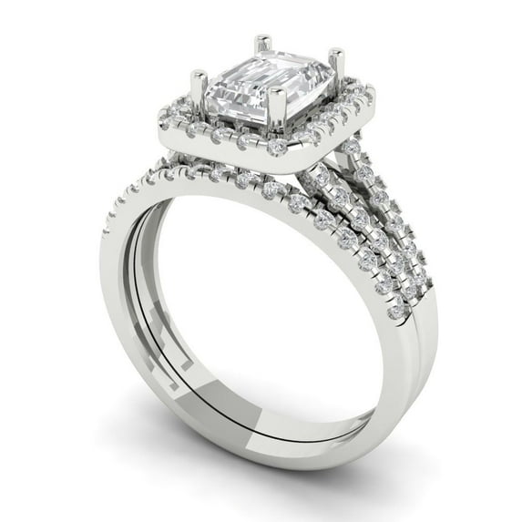 1.57ct Brilliant Emerald Cut White Sapphire 18K White Gold Halo Solitaire with Accents Engagement Bridal Wedding Ring Band Set size 6.75