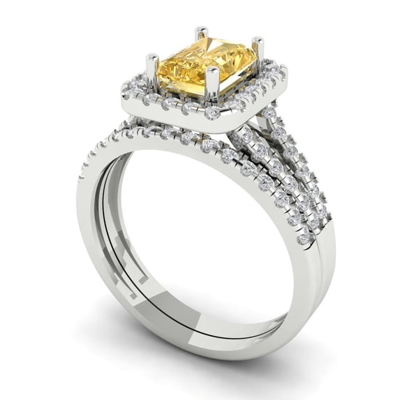 1.57ct Brilliant Emerald Cut Yellow Moissanite 14k White Gold Halo Solitaire with Accents Engagement Bridal Wedding Ring Band Set size 5.5