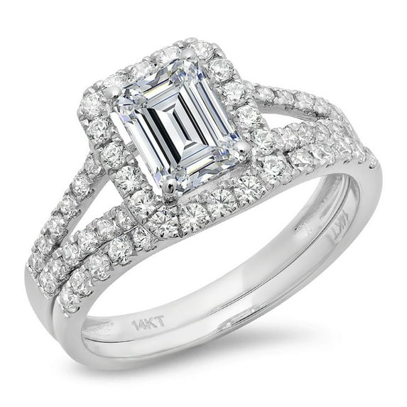 1.57ct Emerald Cut Real Genuine Natural Diamond SI1-SI2 G-H 14K White Gold Halo Engagement Wedding Bridal Set Designer Ring bW/ Set W/ Crystal side stones size 7
