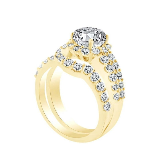 AFFY 1.58 Carat Round Shape White Natural Diamond Semi Mount Halo Wedding Ring Set 18K Solid Yellow Gold Ring Size-5